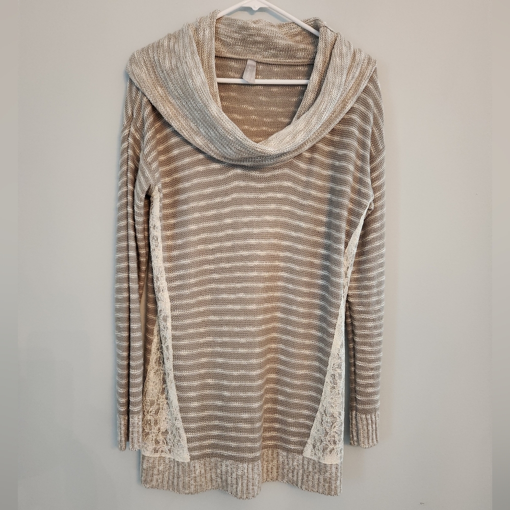 Vanity Tan Cowell Neck Scoop Front Sweater with Lace Side Accents.  Size L